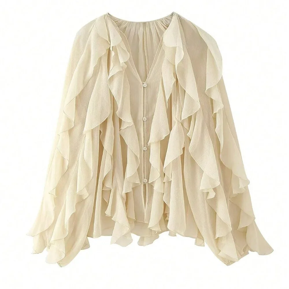 Tan Casual Women's Ruffle Trim Lantern Blouse Shirt - Picture 9 of 10